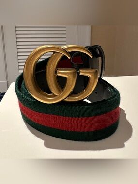 Gucci Interlocking G Web Belt Black Leather Green Red Canvas Size 90/36 - Italy